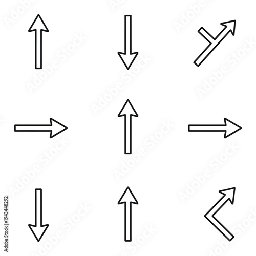 Set of simple outline arrow icons showing various directions and types of movement.