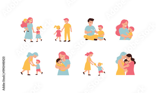 Diverse families interacting with young children in various heartwarming scenes