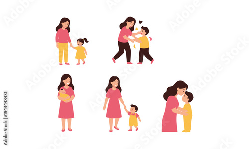 A mother and her children depicted in various heartwarming family moments