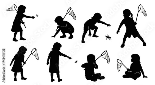 Children Silhouettes Catching Insects with Nets, Outdoor Activity, Summer Fun, Nature Exploration