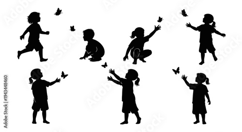 Children Silhouettes Chasing Butterflies in Nature