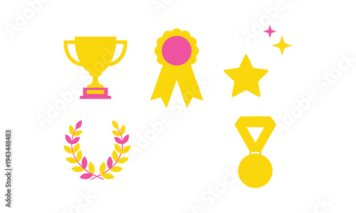 A collection of brightly colored award symbols trophies ribbons stars and laurels