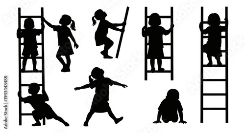 Children Silhouettes Climbing Ladders, Playful Activity and Childhood Growth Concept