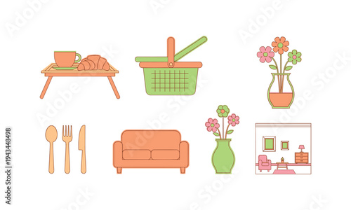 A colorful illustration depicting picnic items and cozy interior furnishings