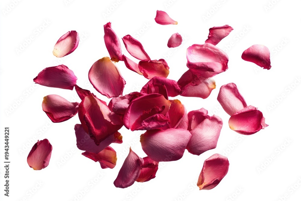Fototapeta premium Rose petals falling on white background.