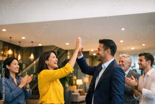 Happy business people giving high five celebrating success in modern office space with colleagues clapping