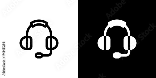 Customer Support Headset icon concept with flat Black White Background. Vector illustration.