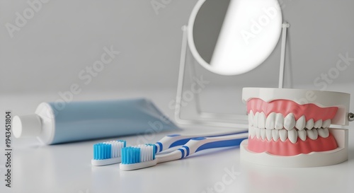 A Set of False Teeth, Toothpaste, Two Toothbrushes and Mirror on a White Table