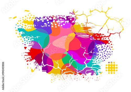 Colored paint blobs with cracks, dots and halftone. Hand drawn. Not AI, vector illustration.