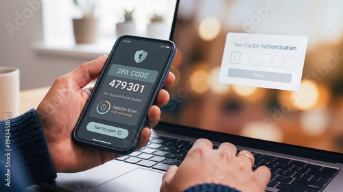 person holding smartphone displaying two factor authentication code while entering verification on laptop for secure online login