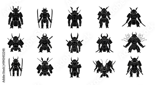Collection of Samurai Warrior Silhouettes in Traditional Armor with Swords