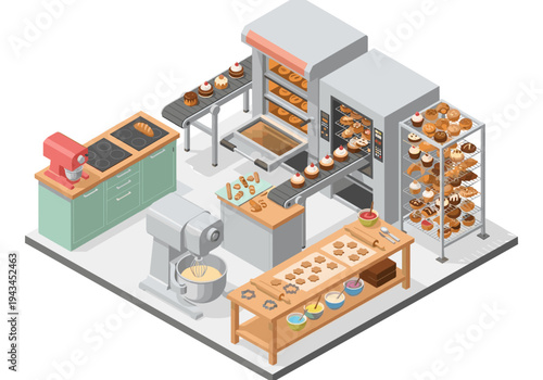 Modern bakery production line with automated equipment and fresh baked goods