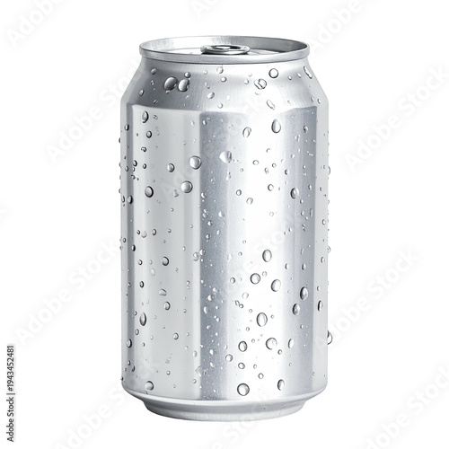 Silver beverage can with condensation drops against black backdrop