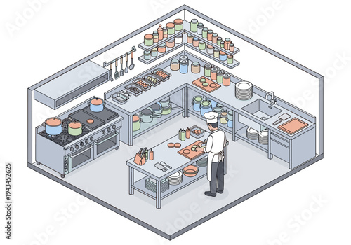 Isometric view of a professional kitchen with a chef preparing food at a stainless steel counter