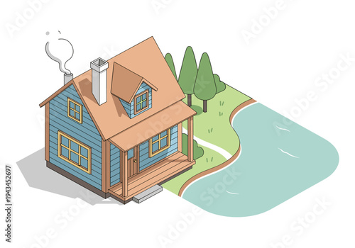 Cozy blue wooden cabin with a smoking chimney nestled beside a tranquil lake and green trees