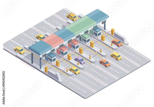Isometric illustration of a toll booth plaza with cars passing through on a highway
