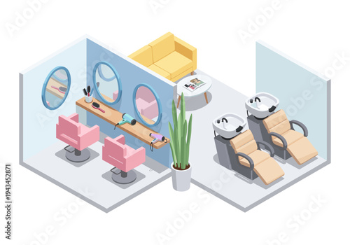 Modern isometric hair salon interior with styling chairs, wash stations, and waiting area