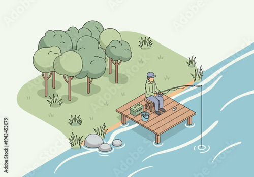 Man fishing from a wooden pier on a calm river surrounded by trees and grass