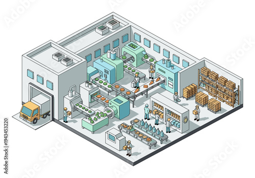Isometric factory interior showing automated food production line with workers and logistics