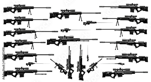 Collection of Sniper Rifles, Military Weapons, and Firearms Assortment