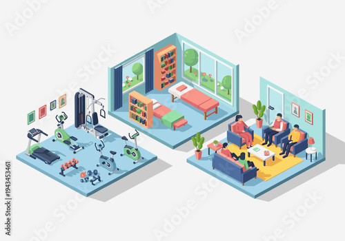 Isometric view of a modern clinic with gym, therapy rooms, and waiting area