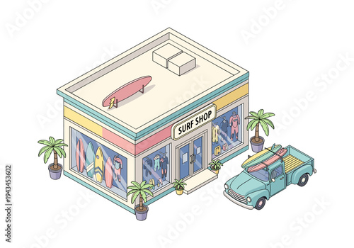 Isometric surf shop with surfboards and a vintage truck, perfect for summer vibes