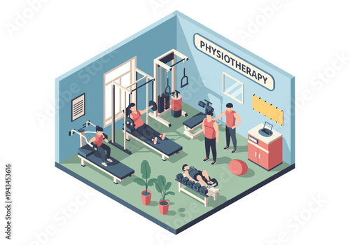 Isometric physiotherapy clinic with patients exercising on modern gym equipment