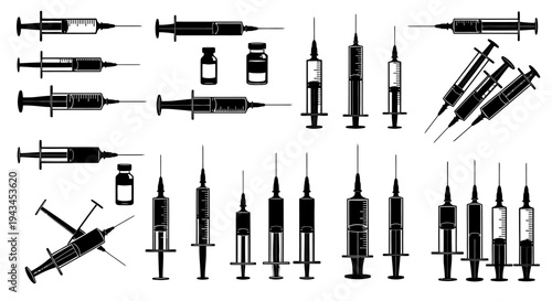 Collection of Syringes and Vials: Medical Equipment, Healthcare, Vaccination, and Science Icons
