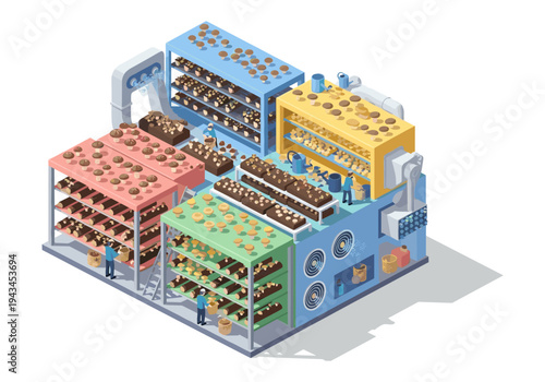 Isometric mushroom farm with workers harvesting produce from shelves and automated systems