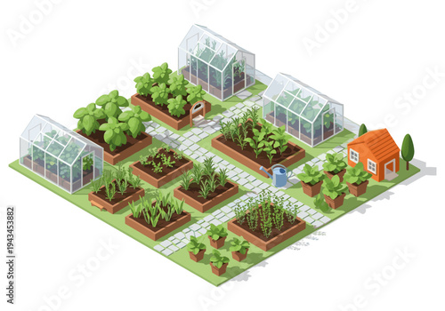 Isometric vegetable garden with greenhouses, raised beds, and a small house