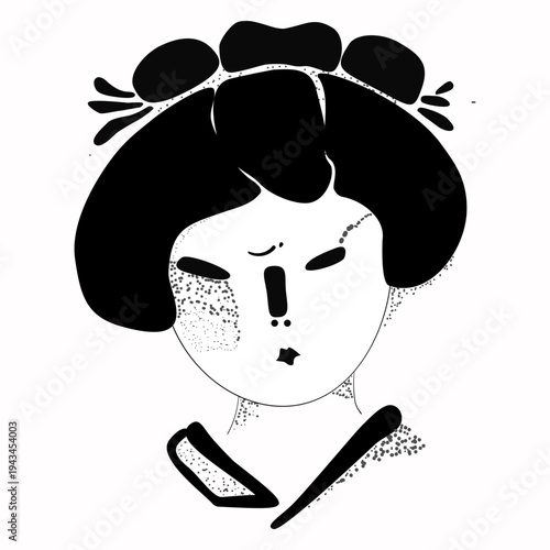 Minimalist vector portrait of a Japanese woman with traditional hairstyle and hairpin. Black ink style illustration with dots and abstract shapes.