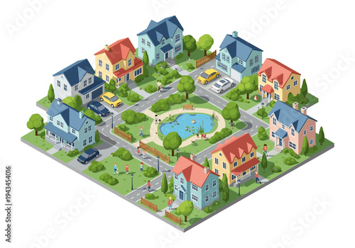 Isometric neighborhood with houses, park, pond, cars, and people enjoying outdoor activities