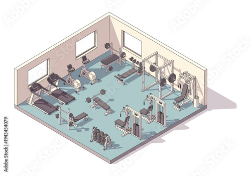 Isometric view of a modern gym interior with various exercise machines and weights