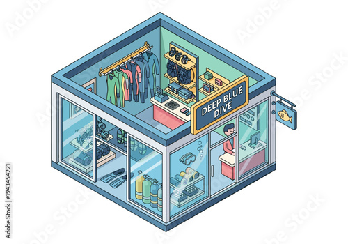 Isometric view of a dive shop interior with scuba gear and wetsuits on display