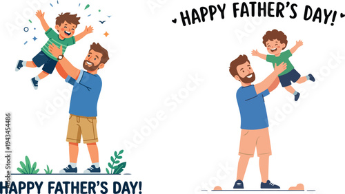 Flat vector illustration of a father joyfully lifting his son in celebration of Father’s Day, expressing love, happiness, and family bonding in a playful cartoon style.