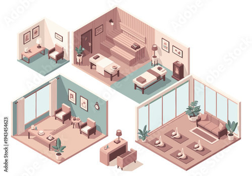 Isometric view of a modern spa and wellness center with multiple treatment rooms and relaxation areas