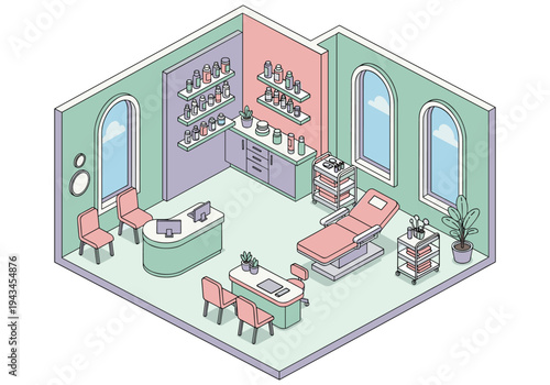 Isometric spa treatment room with reception, treatment bed, and product shelves