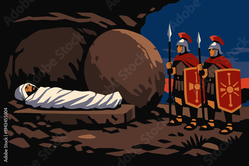 Christ Resting in the Sealed Tomb on Holy Saturday with Roman Guards and Stone