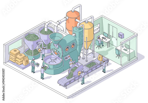 Modern coffee roasting facility with automated machinery and workers overseeing the process