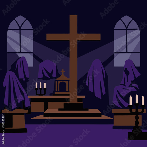 Empty Cross and Covered Statues in Purple Veils for Holy Saturday Reflection