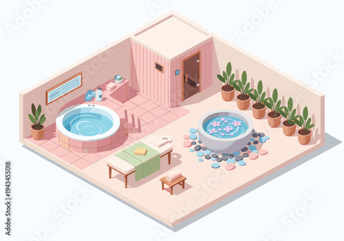 Isometric spa room with jacuzzi, massage table, sauna, and floral water basin