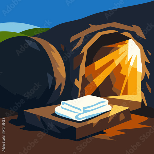 Symbolic Empty Tomb Preparation with Rolled Stone and Linen