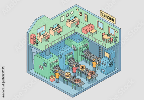 Isometric tea factory interior showing production line and office space with workers