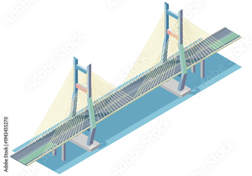 Modern cable-stayed bridge design with blue and green accents over calm blue water