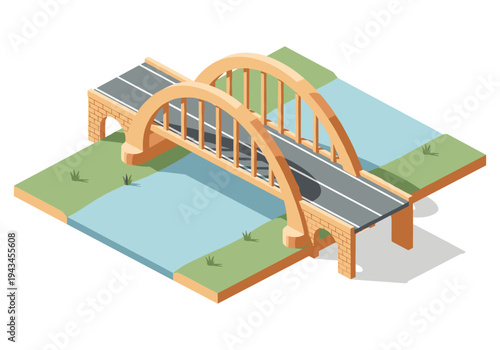 Isometric arch bridge crossing a calm blue river with green grassy banks
