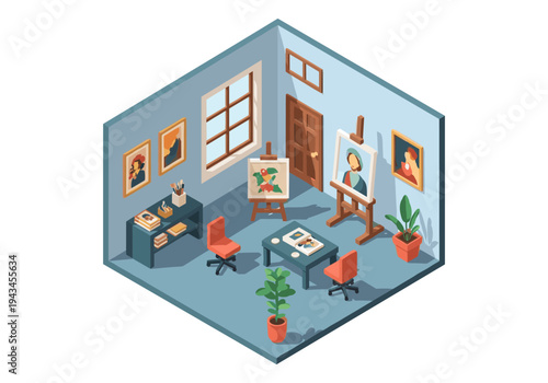 Isometric artist studio with easels, paintings, and art supplies on a desk