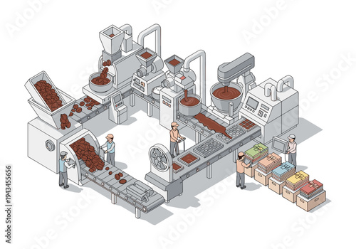 Automated chocolate factory production line with workers overseeing the process