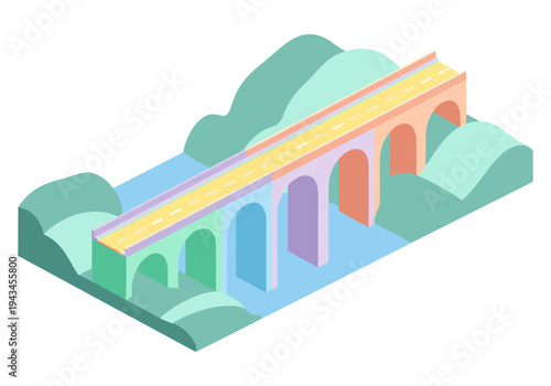 Colorful isometric viaduct bridge crossing a river with rolling hills in the background