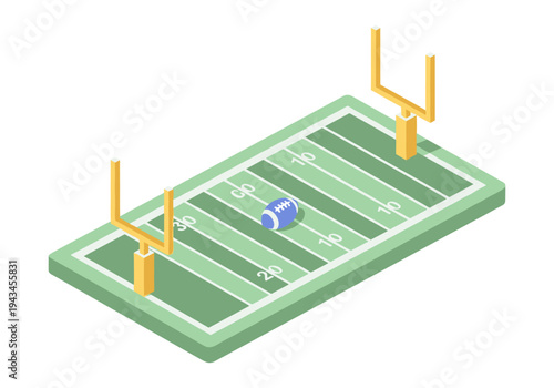 Isometric American football field with goalposts and a ball on the 30-yard line