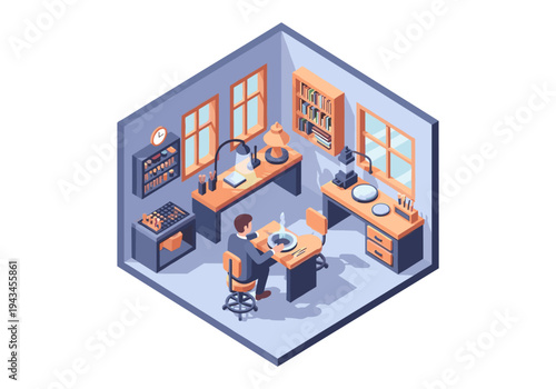 Isometric illustration of a person working in a jewelry making workshop with tools and equipment